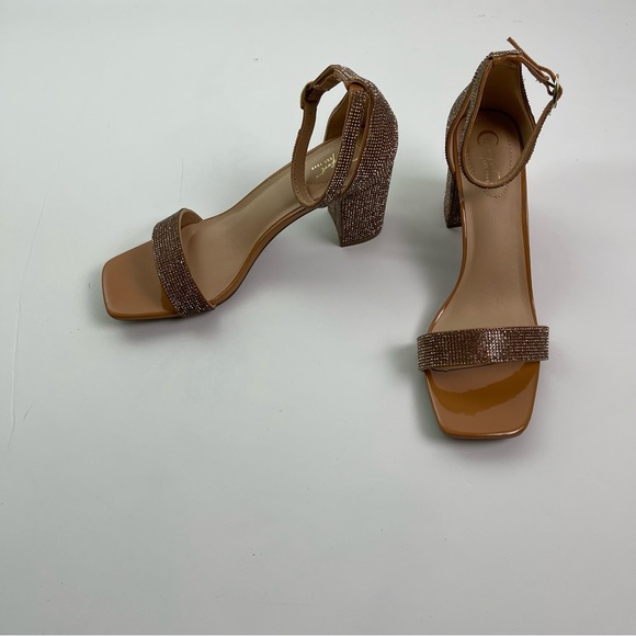 Gold Strappy Sparkly Jewel Open Toe Square Heel Shoes - Picture 2 of 11